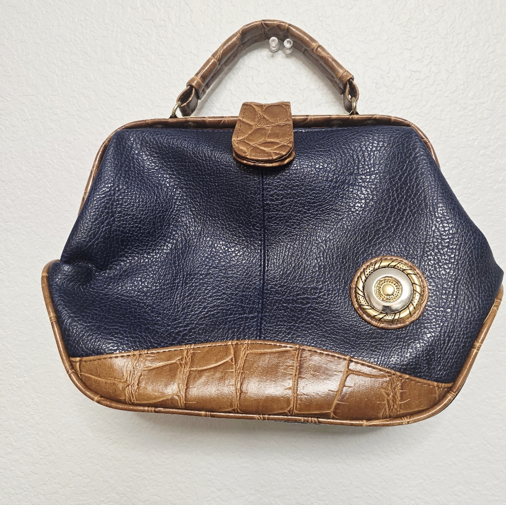 Vintage Jackson Style Navy & Brown Dr-Style Pebbled Leather Strap Satchel Bag